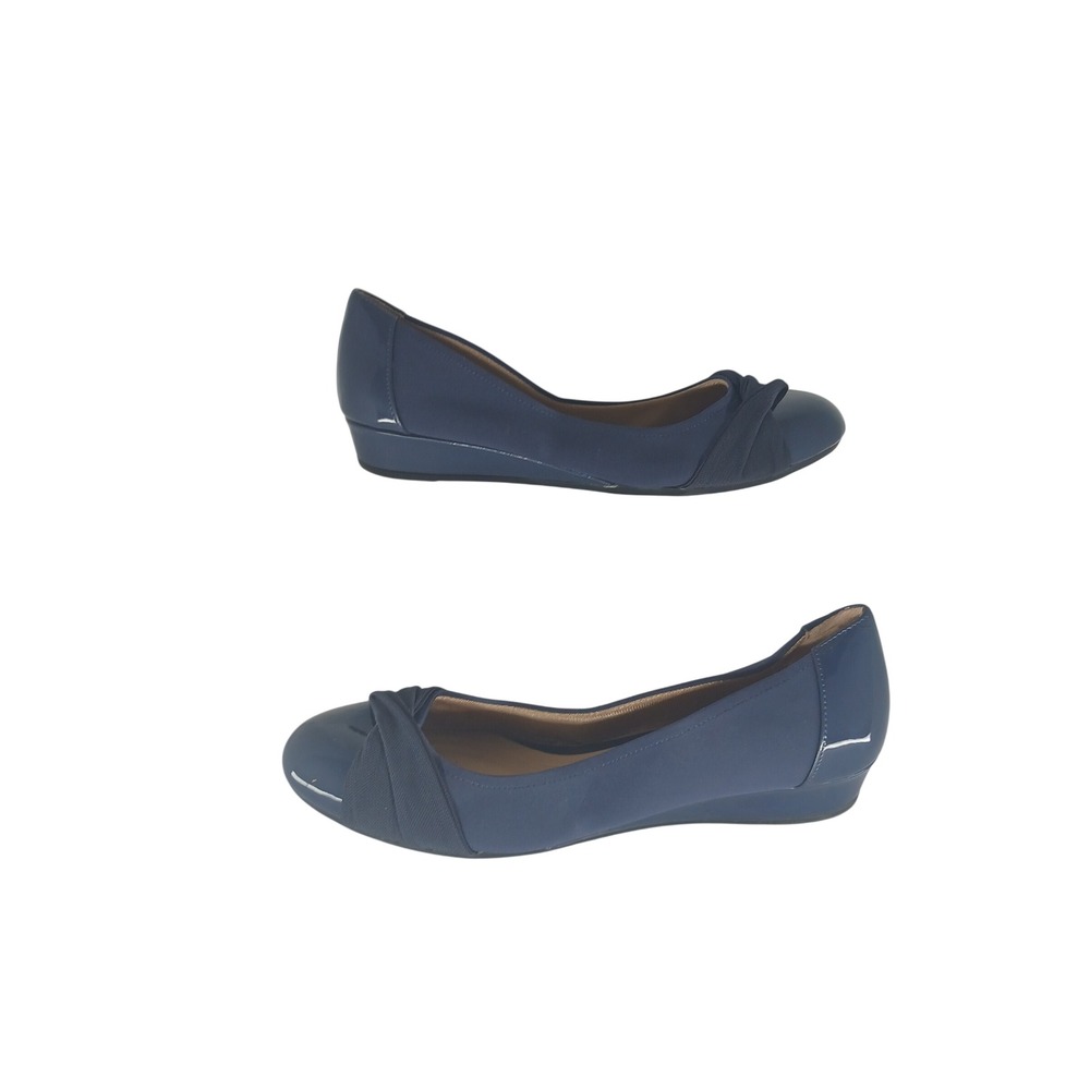 Abella Flight Wedge Pumps 10M Navy Blue Patent Accent Comfort Round Toe Shoes